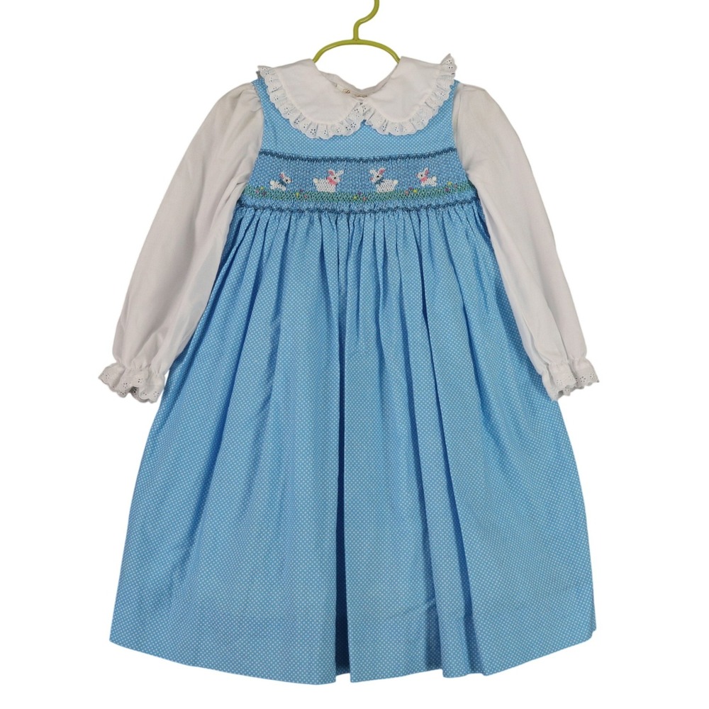 Rosalina Collection Smocked Swan Dress Girls 4T Blue Polka Dot Peter Pan Collar